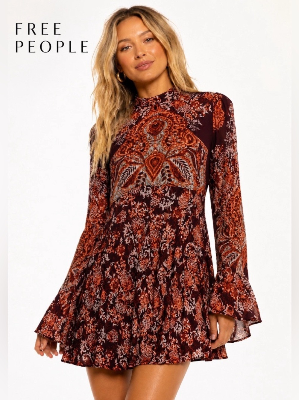 NWT Free People Lady Luck Rust Multi Paisley Long-Sleeve Mini Boho Tunic Dress M